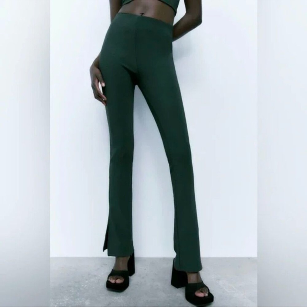ZARA Emerald Green High-Waisted Stretch Pants with Slits Size XS